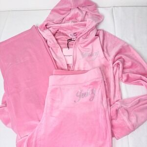 Juicy Couture Velour Tracksuit Set Pink rose rhinestone Logo Hoodie Pants  XL